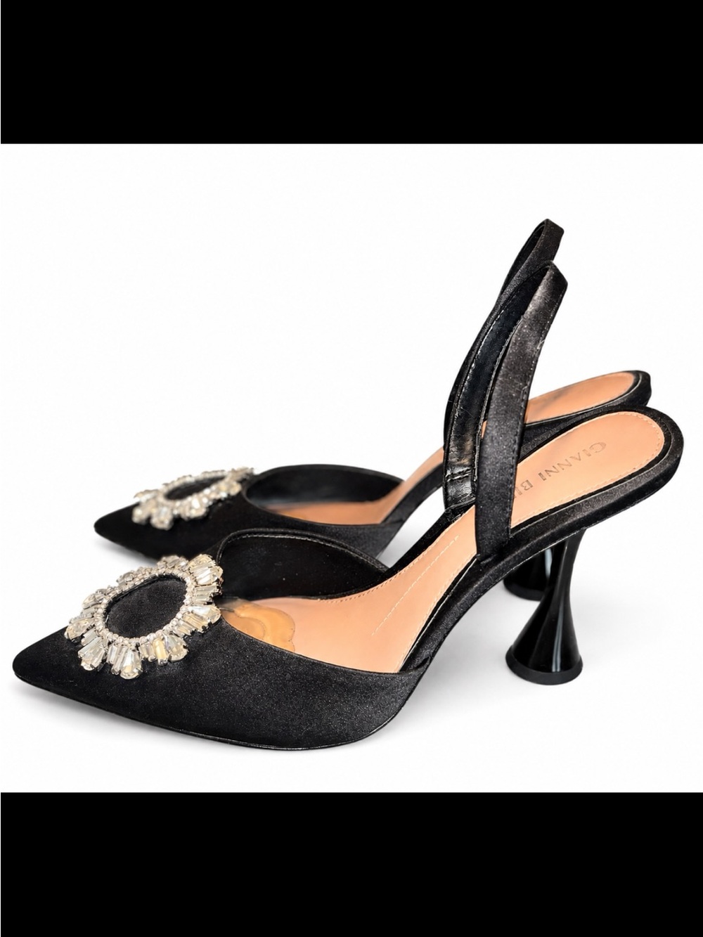 Gianni Bini Black Satin Pointed Slingback Heels with Crystal Circle - Picture 2 of 3